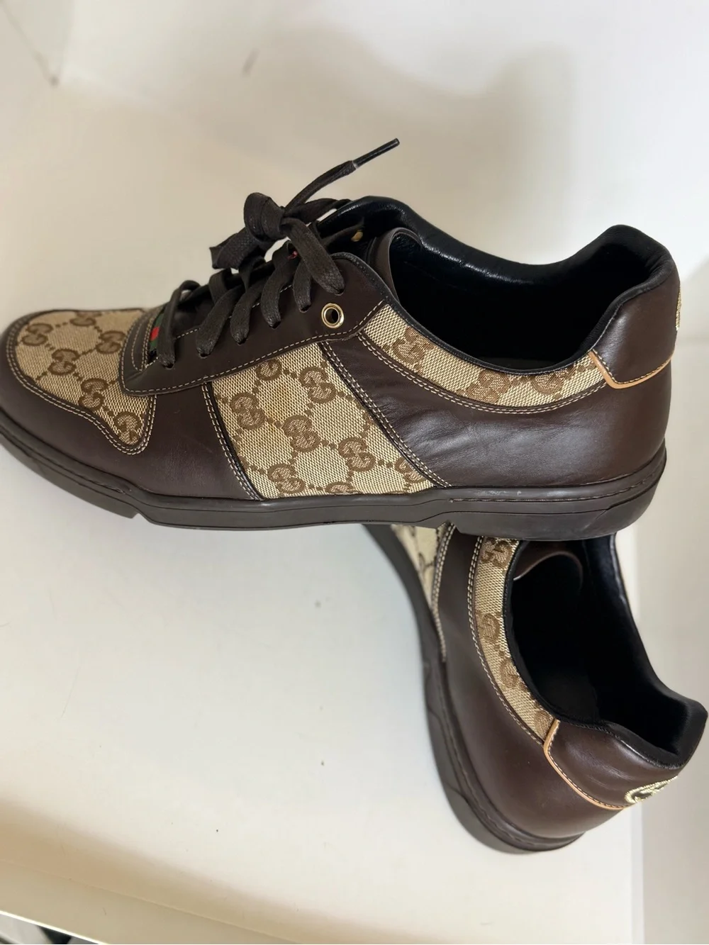 Gucci Brown GG Canvas & Dark Brown Leather Sneakers with Green-Red Web Size 8